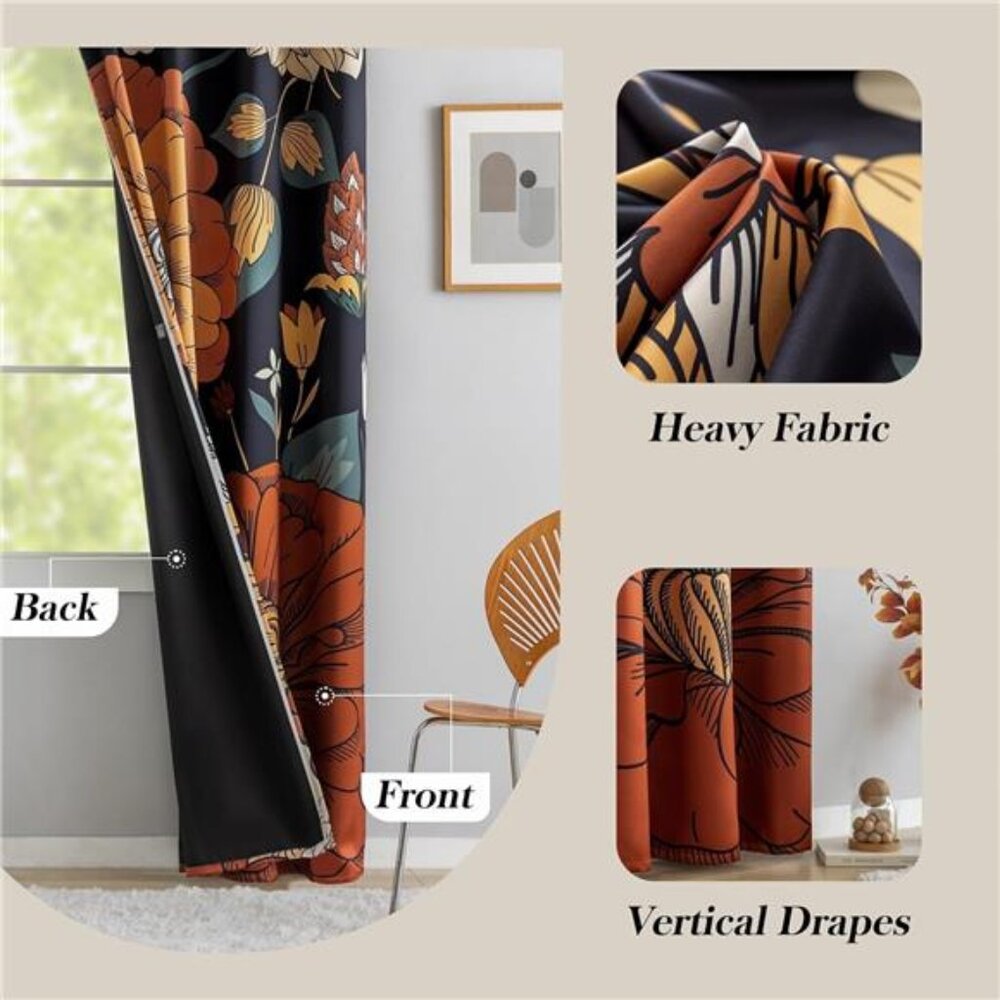 Floral Boho Blackout Curtains for Bedroom 52inch wide by 84 inch Long (2 Panels) - Picture 6 of 7